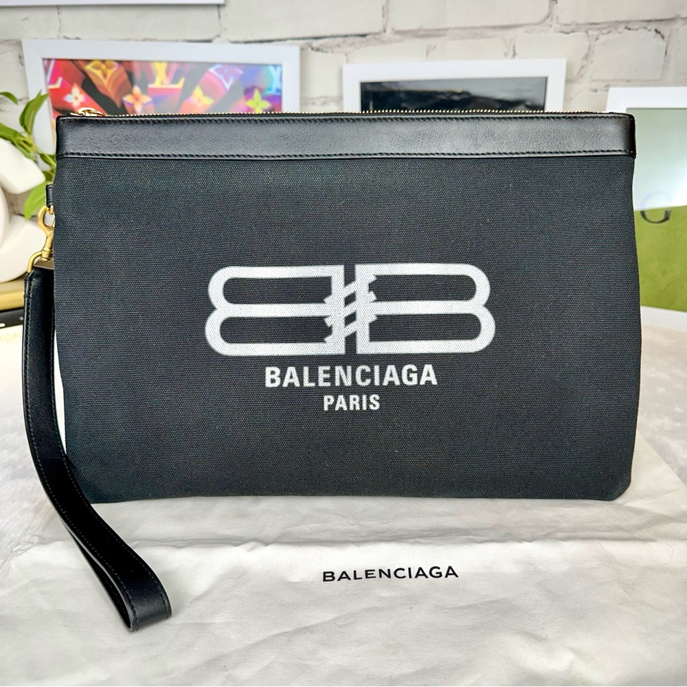 Balenciaga black canvas and leather clutch LIKE NEW